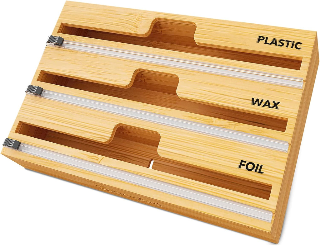 SpaceAid WrapNeat 3-in-1 Wrap Organizer - Cutter & Labels for Kitchen Storage | Fits 12" Rolls (Natural)