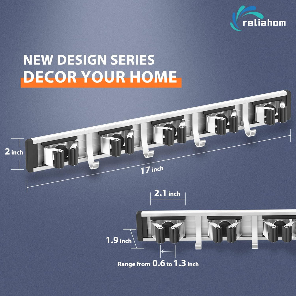 Reliahom Broom Holder Wall Mount - 5 Racks & 4 Hooks for Organized Garage, Kitchen, Garden, Laundry Room