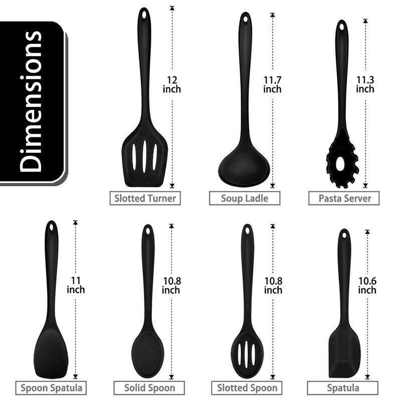 P&P CHEF Silicone Cooking Utensils Set of 7, Heat-proof Kitchen Utensils Set for Nonstick Cookware, Non-stick Spatula, Slotted Turner, Soup Ladle, Pasta Server, Spoon for Cooking Serving - Black