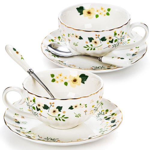 Lyellfe Set of 2 Tea Cup and Saucers, 6 Oz Floral Tea Cups with Spoon Gold Trim, Porcelain Bone China British Coffee Cappuccino Espresso Latte Mugs for Party Birthday Wedding Gifts