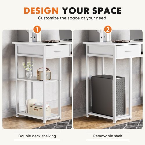 Sweetcrispy Desk with Fabric Drawers, Computer Office 48 Inch Gaming Writing Study 4 Storage Shelves Table for Home Office Bedroom PC Desk, White Wood