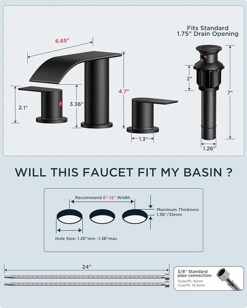 FORIOUS Black Square Bathroom Faucet - Stylish Waterfall Design with Metal Pop-Up Drain & Two Handles