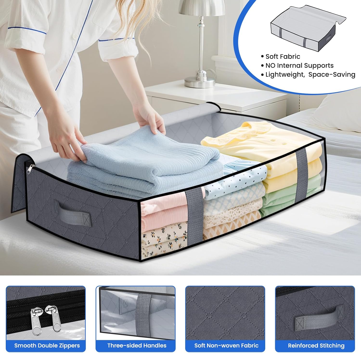 TasticTotes Under Bed Storage Containers - 4 Pack Collapsible Bags with Clear Front | 60L Grey