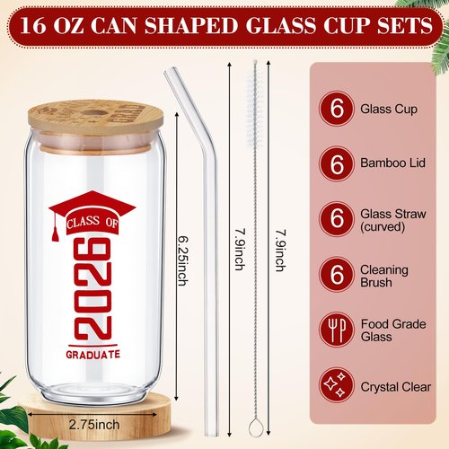Suttmin 6 Pcs Class of 2026 Graduation Gifts Glass Cup with Bamboo Lids and Glass Straw, 2026 Graduation Gifts for Her Him, 16 oz College Masters Degree Can Shaped Cup(Red)