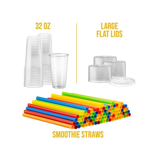 [40 Sets - 32 Oz] Crystal Clear PET Plastic Cups With Flat lids & Straws for Iced Coffee, Milkshake, Cold Drinks, Slush Cups, Smoothy's, Slurpee, Party's, Plastic Disposable Cups