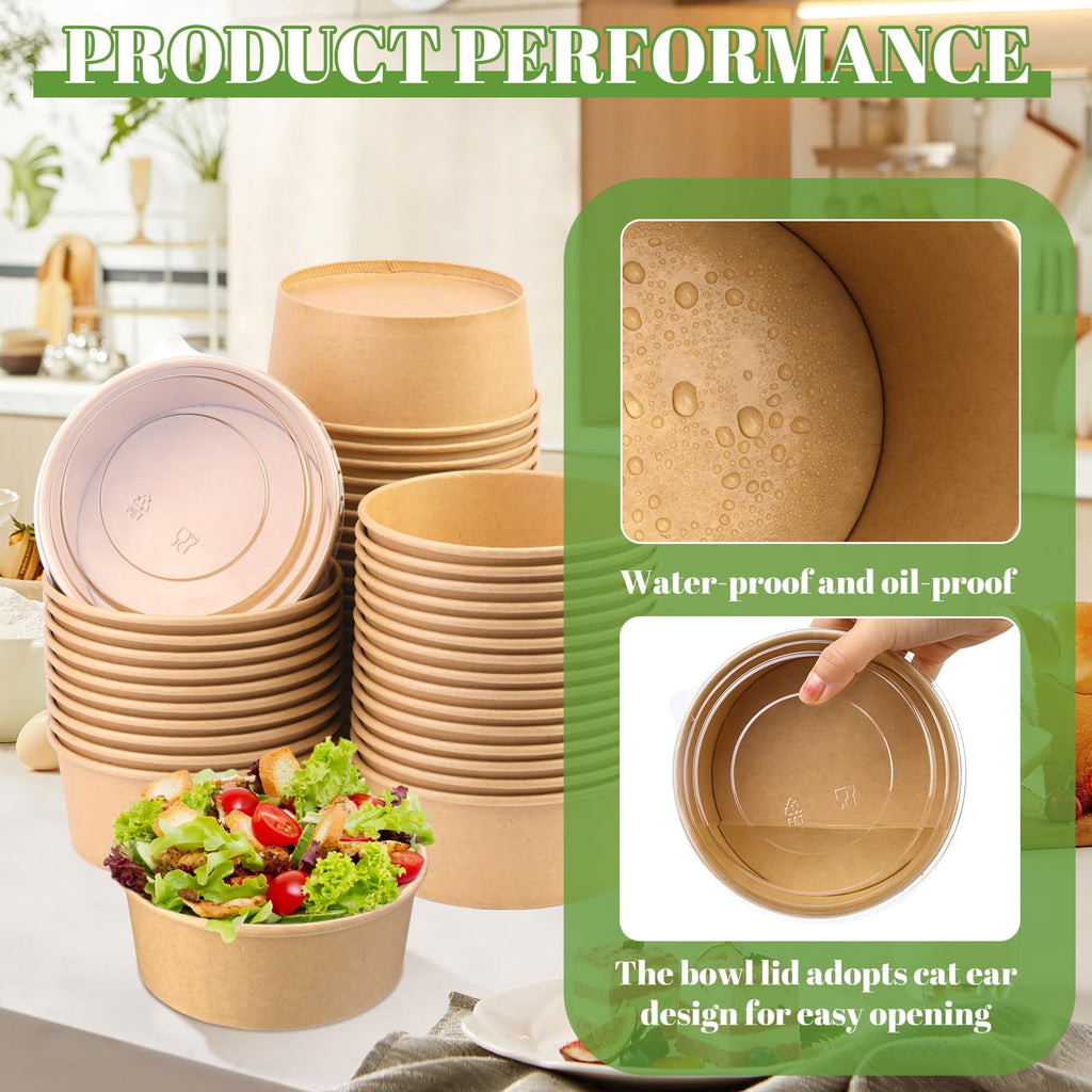 Prgery 25 oz 50 Pack Disposable Meal Prep Containers with Lids, Paper Bowls with Lids, Soup Containers with Lids, Paper Food Containers with Lid, Party Supplies for Hot/Cold Food, Soup, Ice Cream