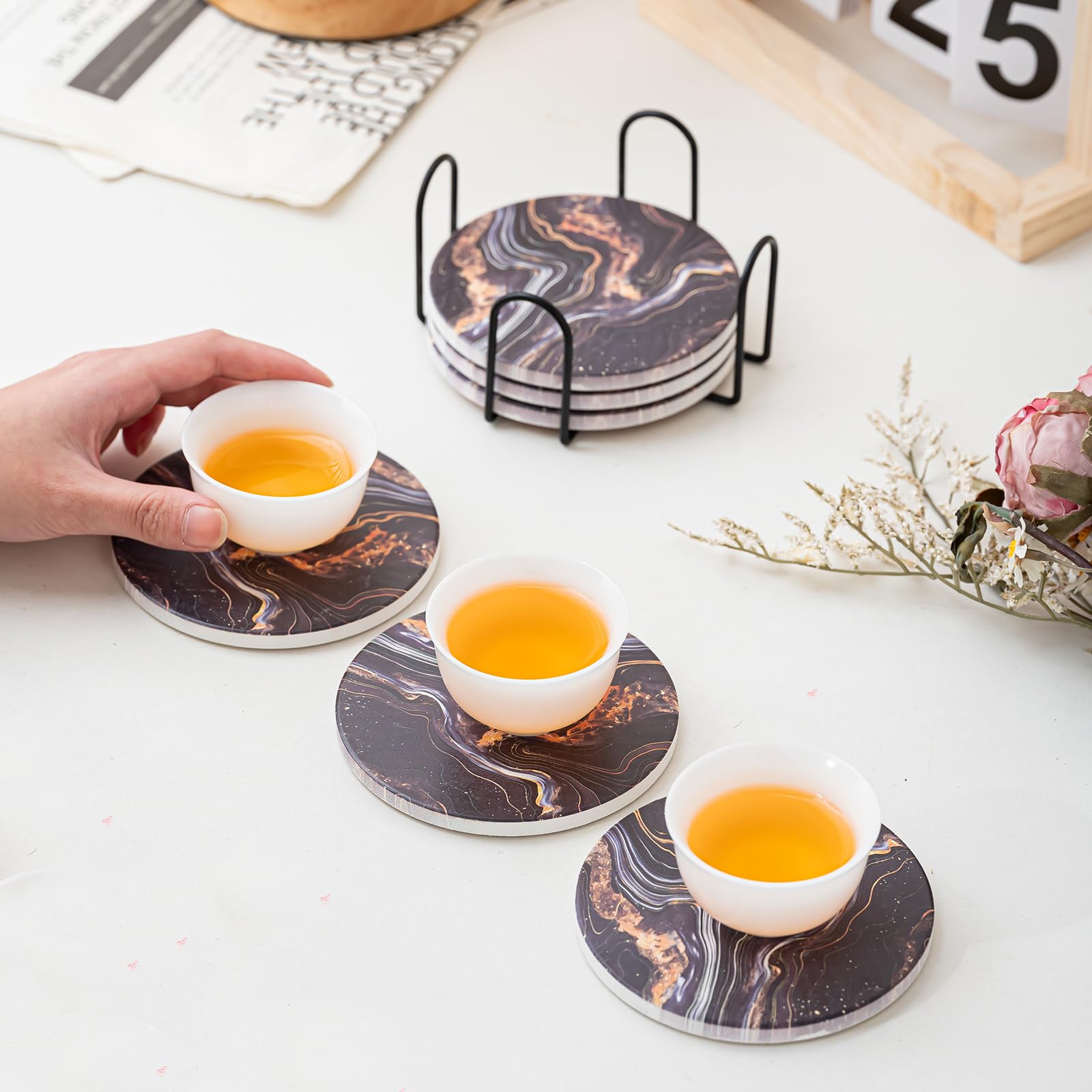 Kedested Ceramic Drink Coasters Set of 6 with Holder, Modern Marble Absorbent Ceramic Coasters, Round Ceramic Table Coasters for Home Decor Coffee Kitchen (4 Inches), Black