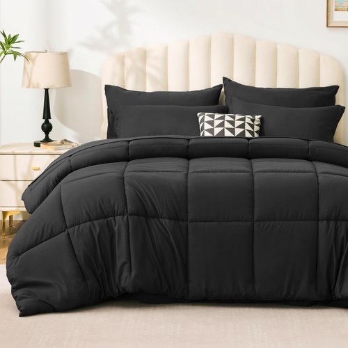 Love's cabin California King Comforter Set Ash Black, 7 Pieces California King Bed in a Bag, All Season Bedding Sets with 1 Comforter, 1 Flat Sheet, 1 Fitted Sheet, 2 Pillowcase and 2 Pillow Sham