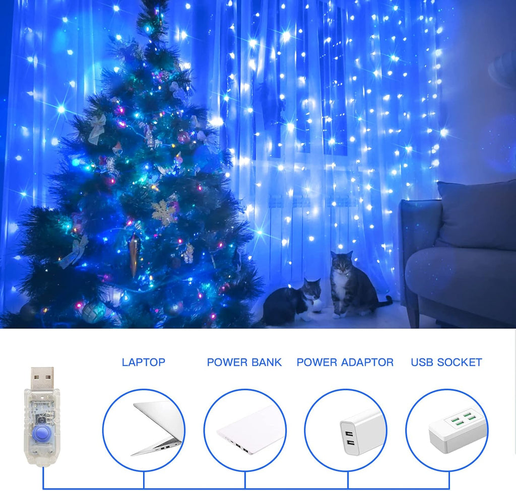 Suddus Curtain Lights - 200 LED Waterproof Fairy String Lights for Bedroom & Outdoor Decor - Blue