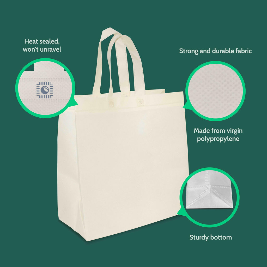 Bagways 50 PACK Reusable Grocery Bags with Handles, Durable, Foldable, Washable Eco-Friendly Shopping Totes, 14x6.5x14 Inch, Cream
