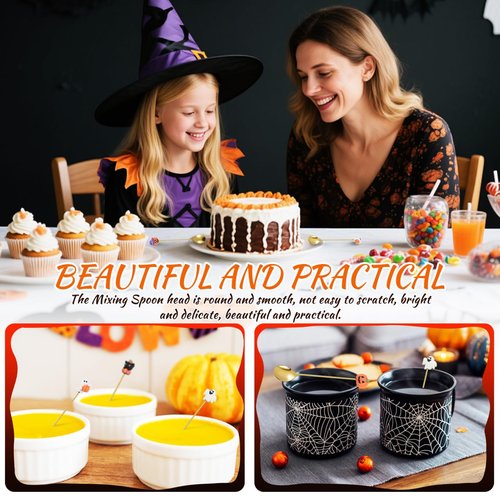 Cabilock 6Pcs Halloween Coffee Spoons, Stainless Steel Dessert Tea Spoons, Halloween Golden Pumpkin Witch Hat Ghost Design, Tableware Serving Utensils for Party and Kitchen