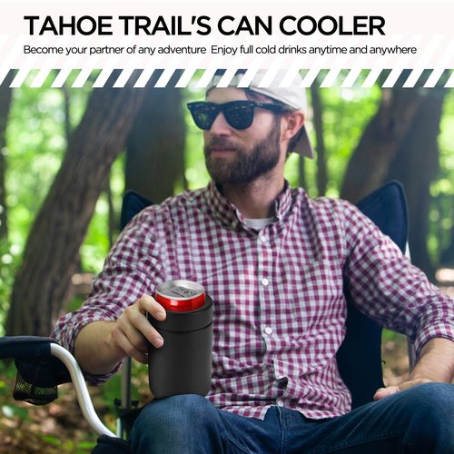 TAHOE TRAILS Stainless Steel 12oz Vacuum Insulated Can and Bottle cooler| Double Wall Can Cooler For Cans and Bottles | Copper Plated Can Chiller and Metal Cooler | Black