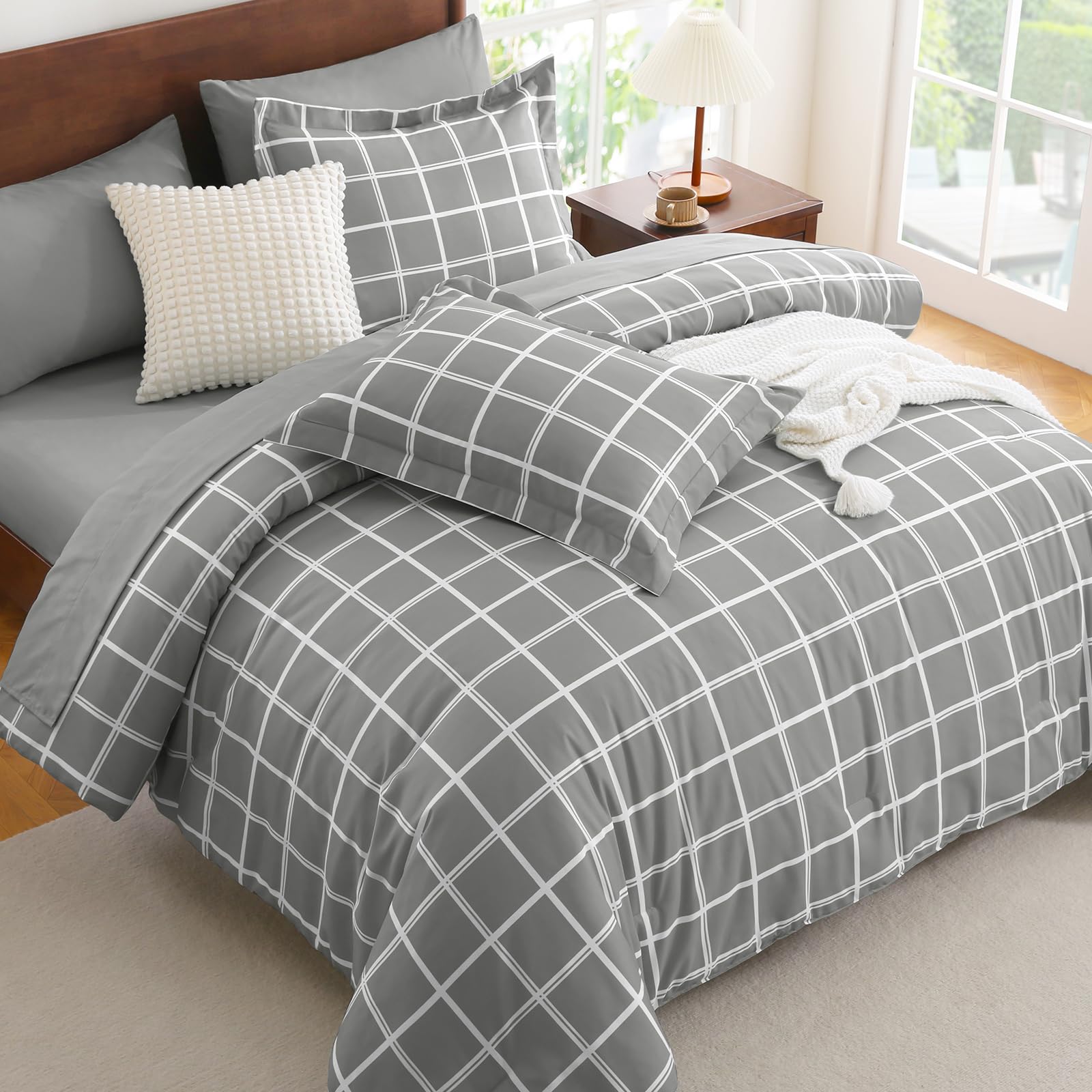 CozyLux Queen Comforter Set with Sheets - 7 Pieces Plaid Bed in a Bag Set Grey, Soft Queen Bedding Sets Bed Set with All Season Quilted Comforter, Flat Sheet, Fitted Sheet, Pillowcases & Pillow Shams