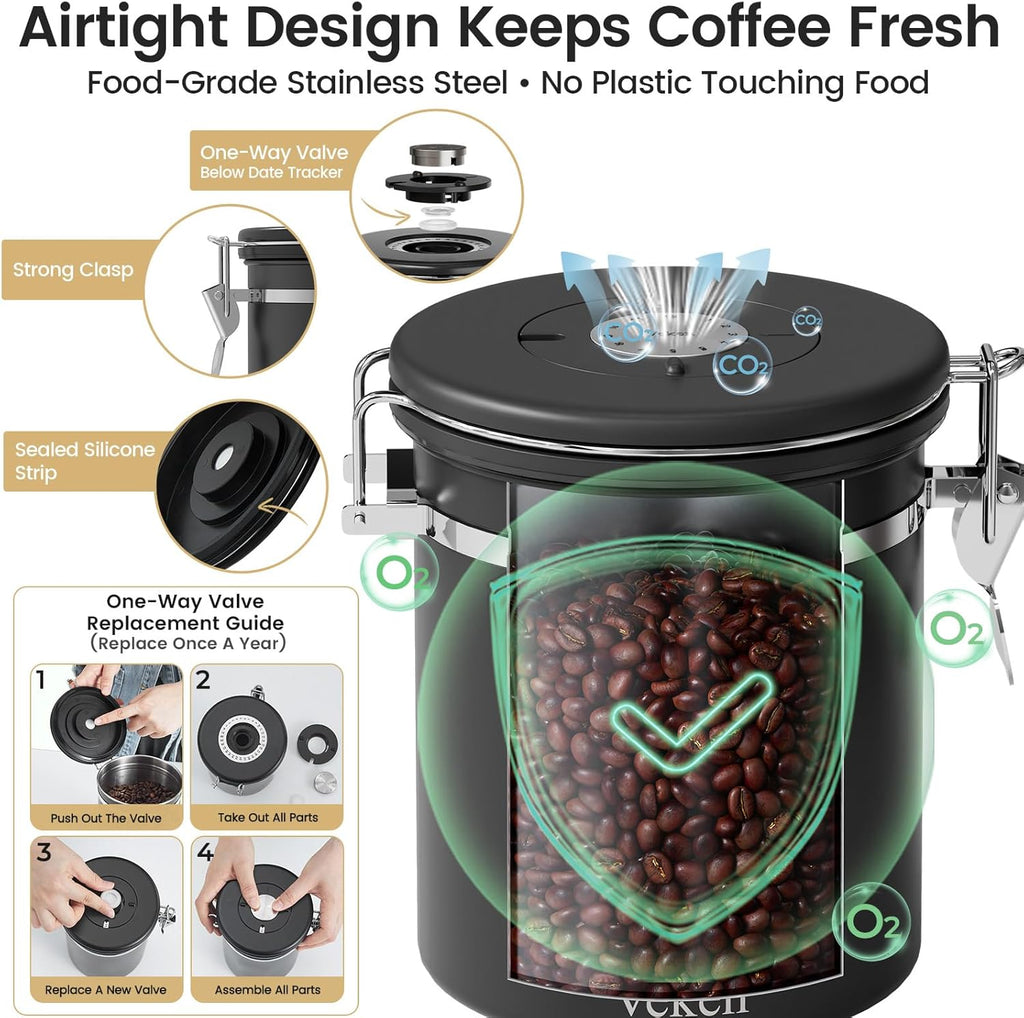 Veken Coffee Canister - Airtight Stainless Steel Storage Container with Window & Date Tracker | 16oz Black