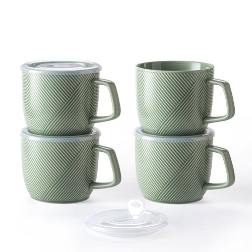 Adewnest Ceramic Soup Bowls with Lid & Handle: 32 oz Microwave Safe Food Containers for Ramen Noodles Cereal Leftovers - Extra Large Mugs for Breakfast Lunch Picnic Camping - Green, Set of 4
