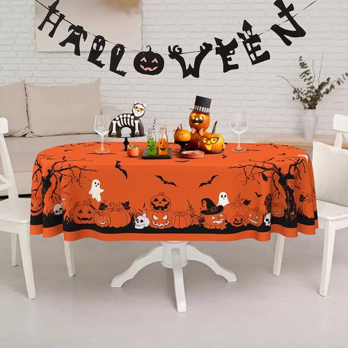 Yighty Oval Halloween Tablecloth 60x84 Inch,Orange Pumpkin Skull Ghost Tablecloth,Polyester Waterproof Wrinkle-Resistant and Durable Table Cloth,Suitable for Halloween,Parties,Holiday,Kitchens