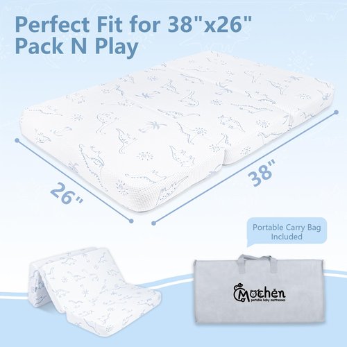 Mochen Trifold Pack and Play Mattress 38x26 Memory Foam Pack n Play Mattresses with Removable Dinosaurs Cover & Carry Bag, Portable Travel Mattress for Pack N Play