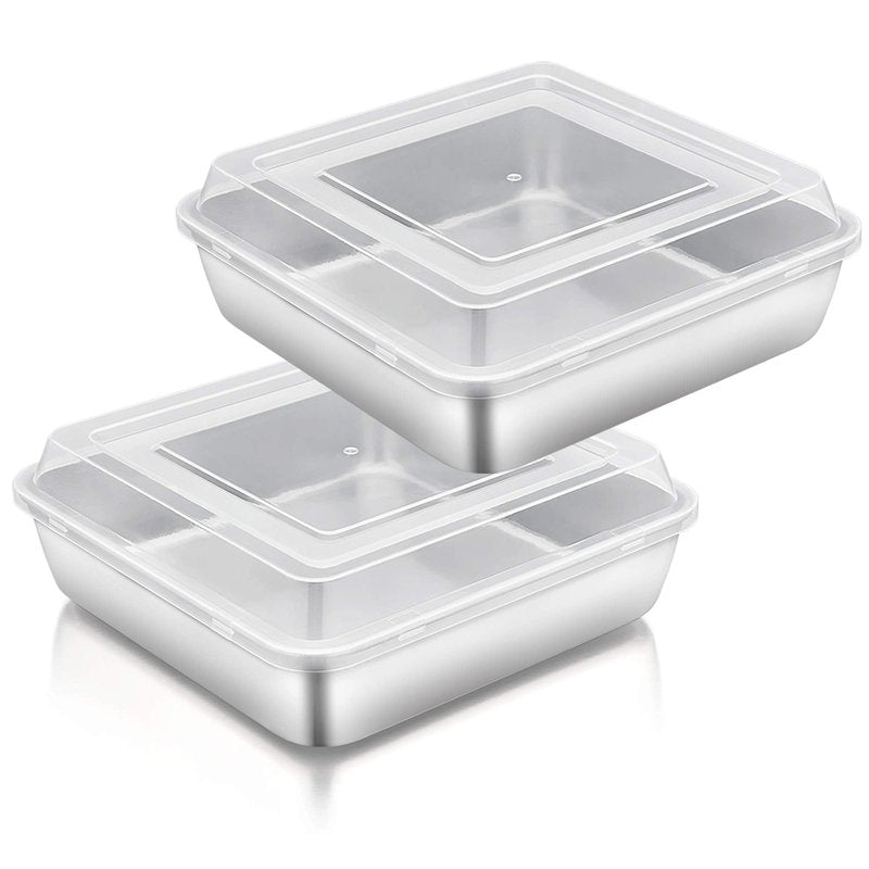 TeamFar Square Cake Pan with Lid (2 Pans & 2 Lids), 8 Inch Stainless Steel Square Baking Tray Cake Brownie Tin For Meal Prep Storage Transporting Food, Healthy & Sturdy, Dishwasher Safe