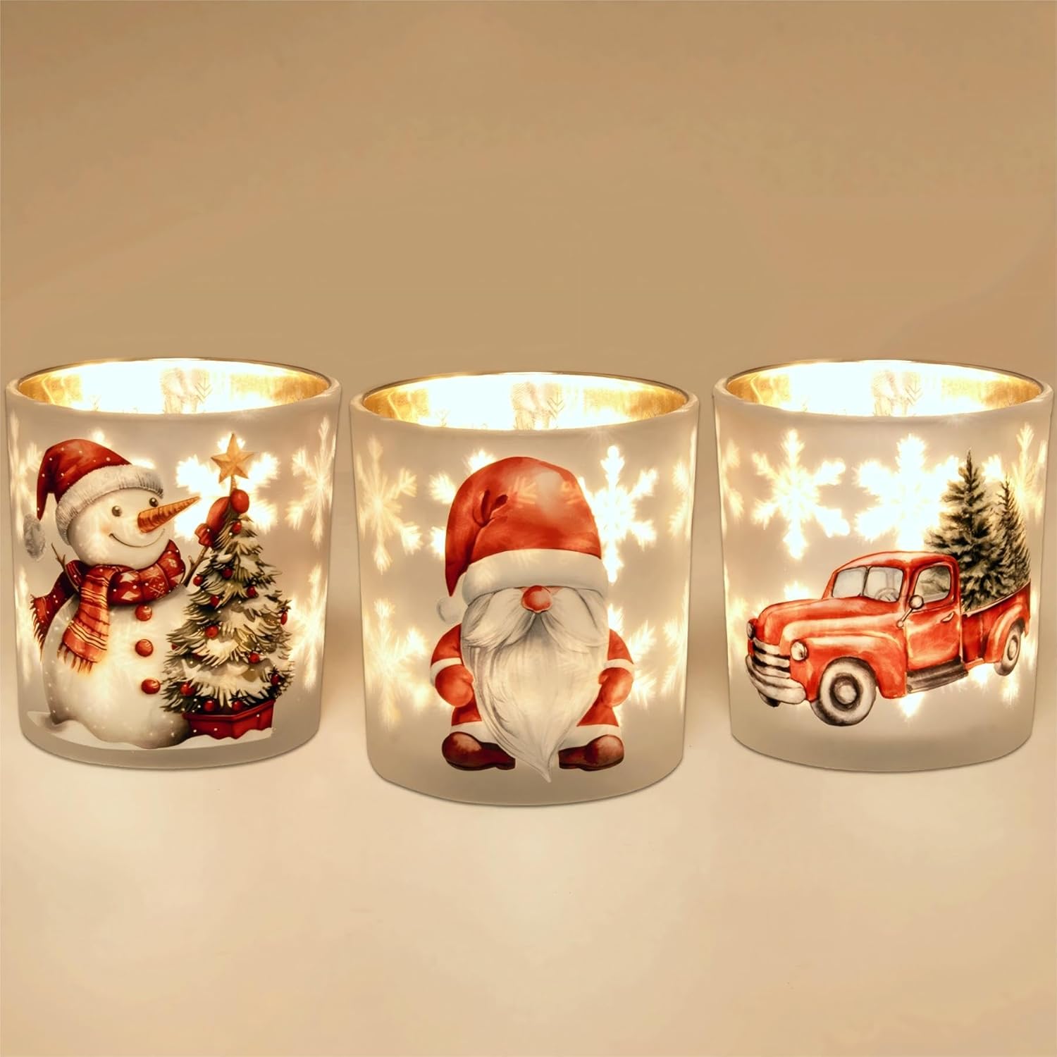 Regine Switzerland Christmas Votive Candle Holders - Set of 3 White, Gold & Red Glass for Holiday Decor