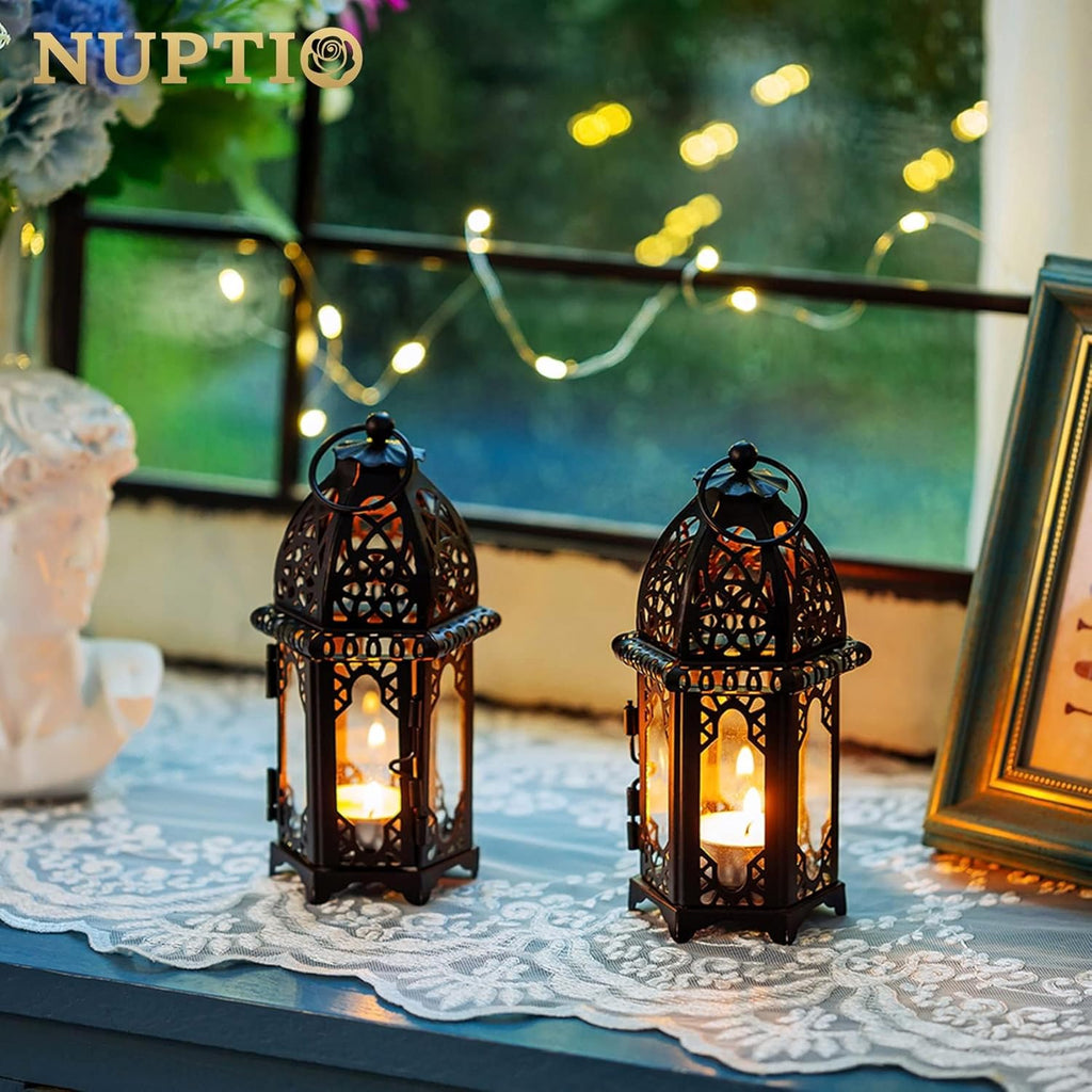 NUPTIO Moroccan Style Candle Lanterns - Small Tealight Holders with Glass Panels | Perfect for Events, Weddings & Patio Decor (2 Pcs, Black)