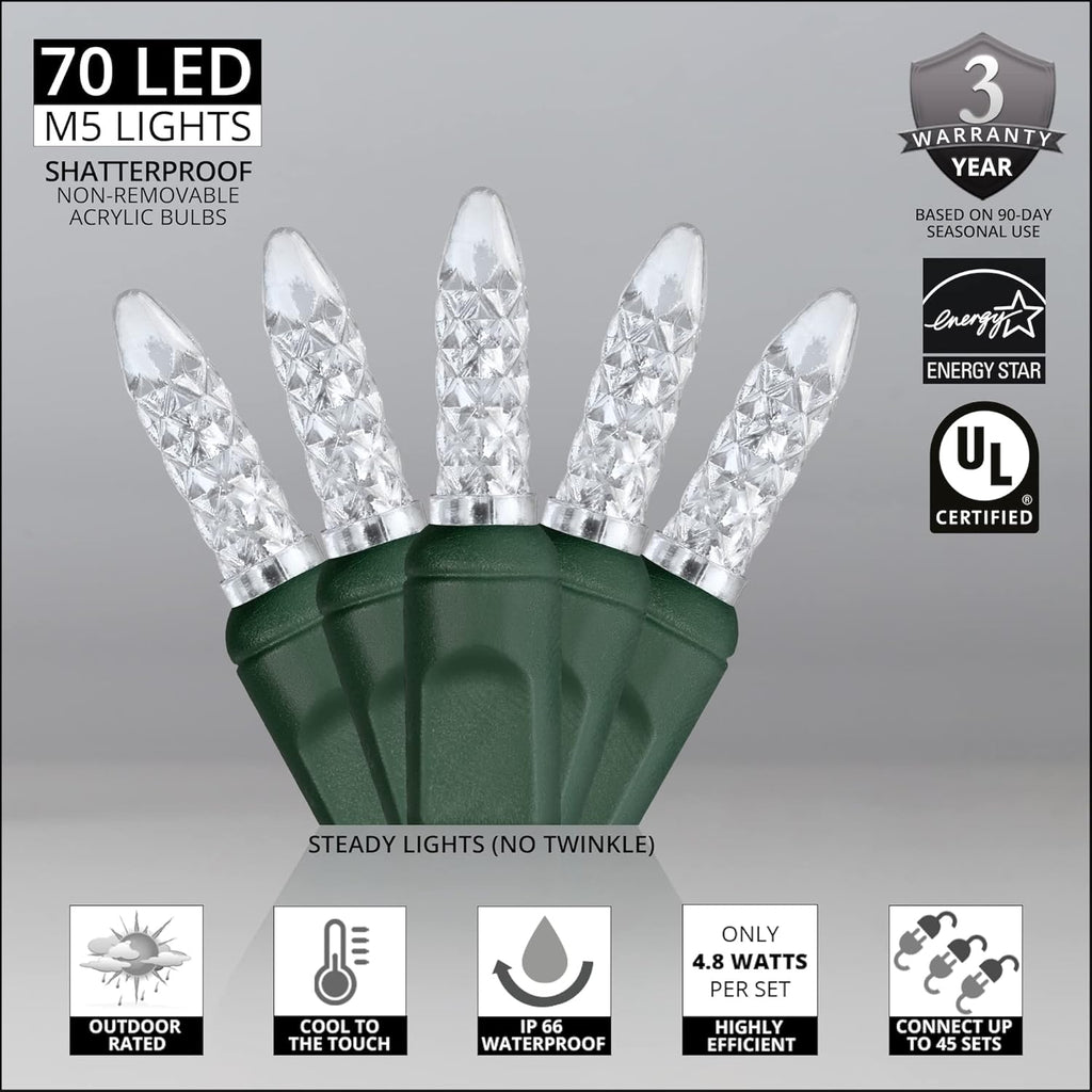 Skiennix 24 Ft M5 LED Christmas Lights - 70 Count Cool White Mini String | Indoor/Outdoor Commercial Grade