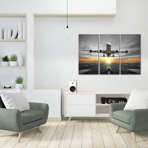 HOMEOART Aviation Decor Airplane Plane Flying Over Runway Canvas Wall Art Boys Room Decor Picture Framed Canvas Print Ready to Hang 16x32inchx3 Panels