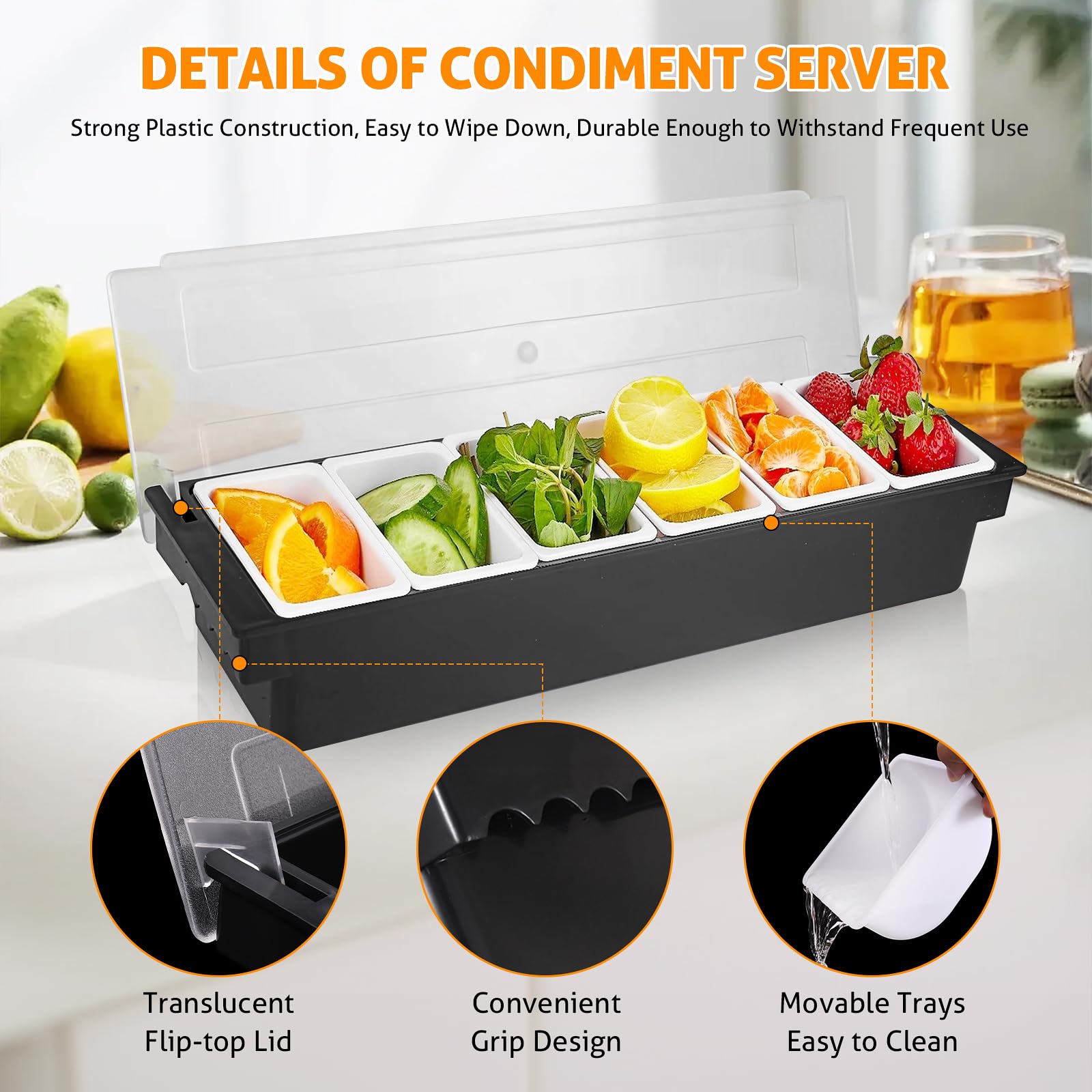WICHEMI Fruit, Veggie & Condiment Caddy with Lid Dispenser Tray Plastic Garnish Station for Bartending & Serving Taco, Ice Cream, Salad Bar - Topping Organizer for Restaurant Supplies (6 Compartment+3