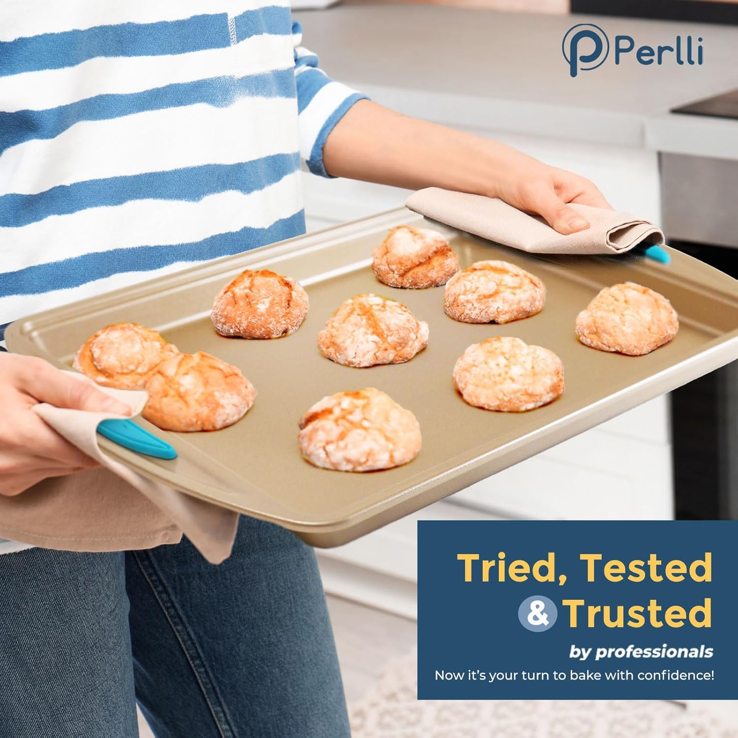 Perlli Baking Kit - Nonstick Gold Steel Oven Set with Silicone Handles | 6-Piece Bakeware Collection