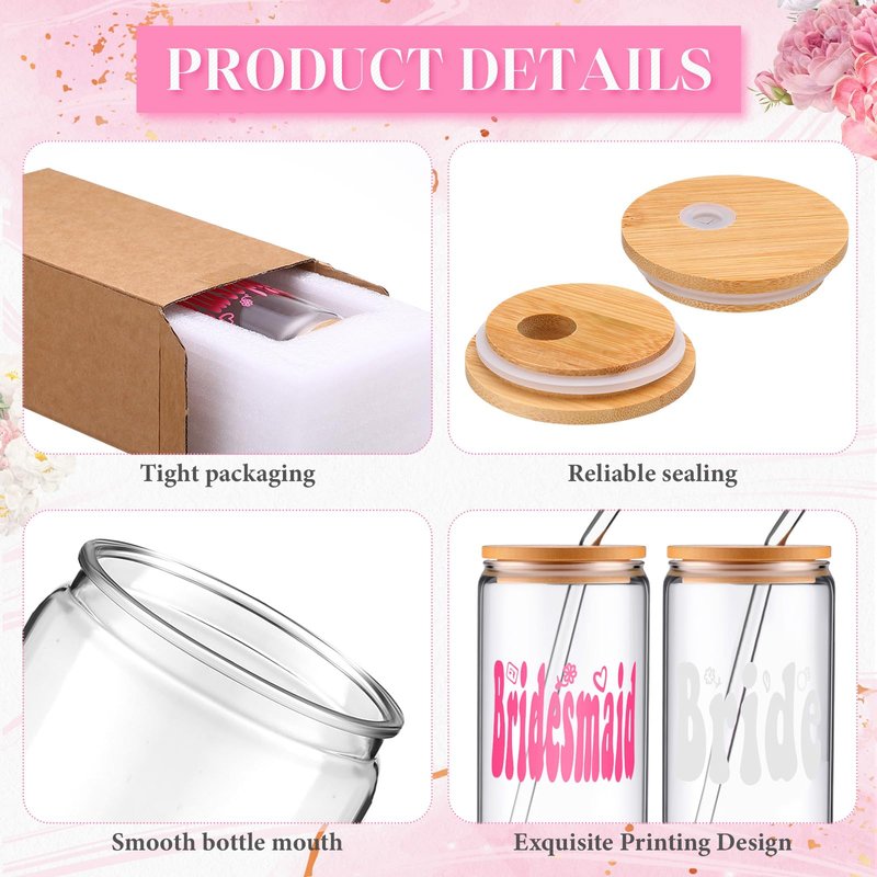 Yetene 6 Pack Bridesmaid Gifts 16 oz Bride Cup with Lids and Straws Bridesmaid Proposal Gifts Cute Can Shaped Drinking Glass Bride Glass Cups for Engagement Wedding Bridal Shower Party