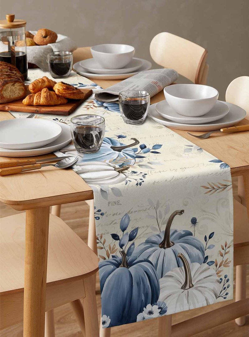 RisQiten Thanksgiving Fall Table Runner - 90 Inch Long Maple Leaf Blue Gray Pumpkin Cotton and Linen Blended Dress Scarves Farmhouse Table Runner for Kitchen Dining, Coffee Table, 13" x 90"