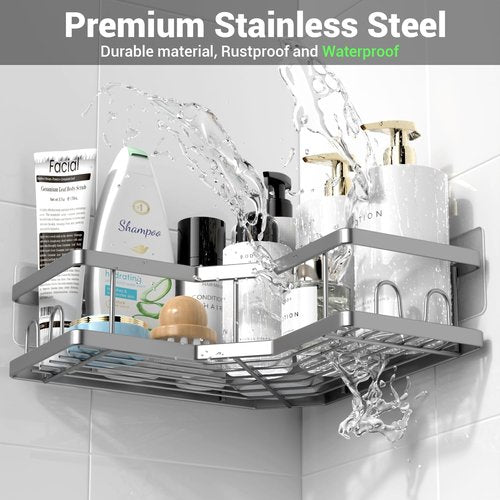 **AKTECKE Corner Shower Caddy | Adhesive Bathroom Organizer - Rustproof Stainless Steel - 3-Pack**