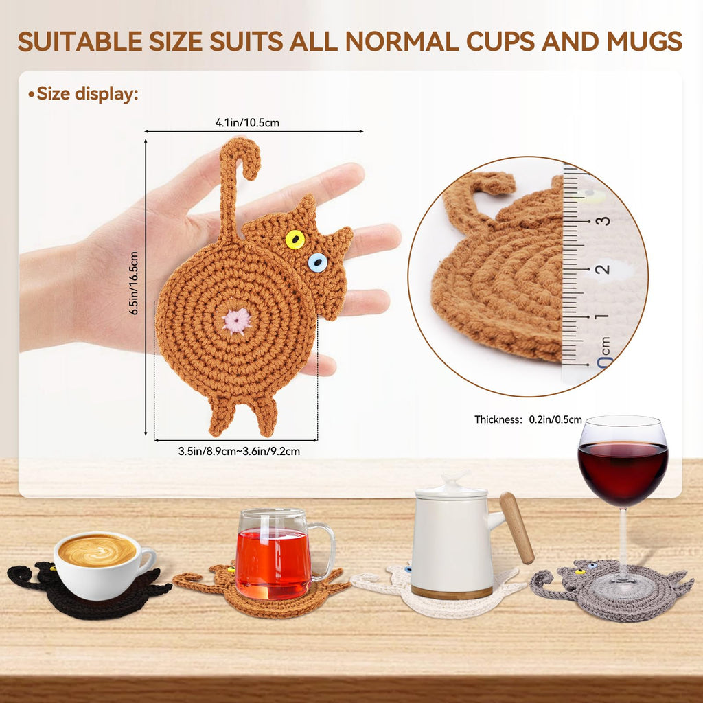 DICHA Peeking Cat Crochet Coasters - Cat Gifts - Insulation Coasters for Coffee & Tea - Handmade Set of 4