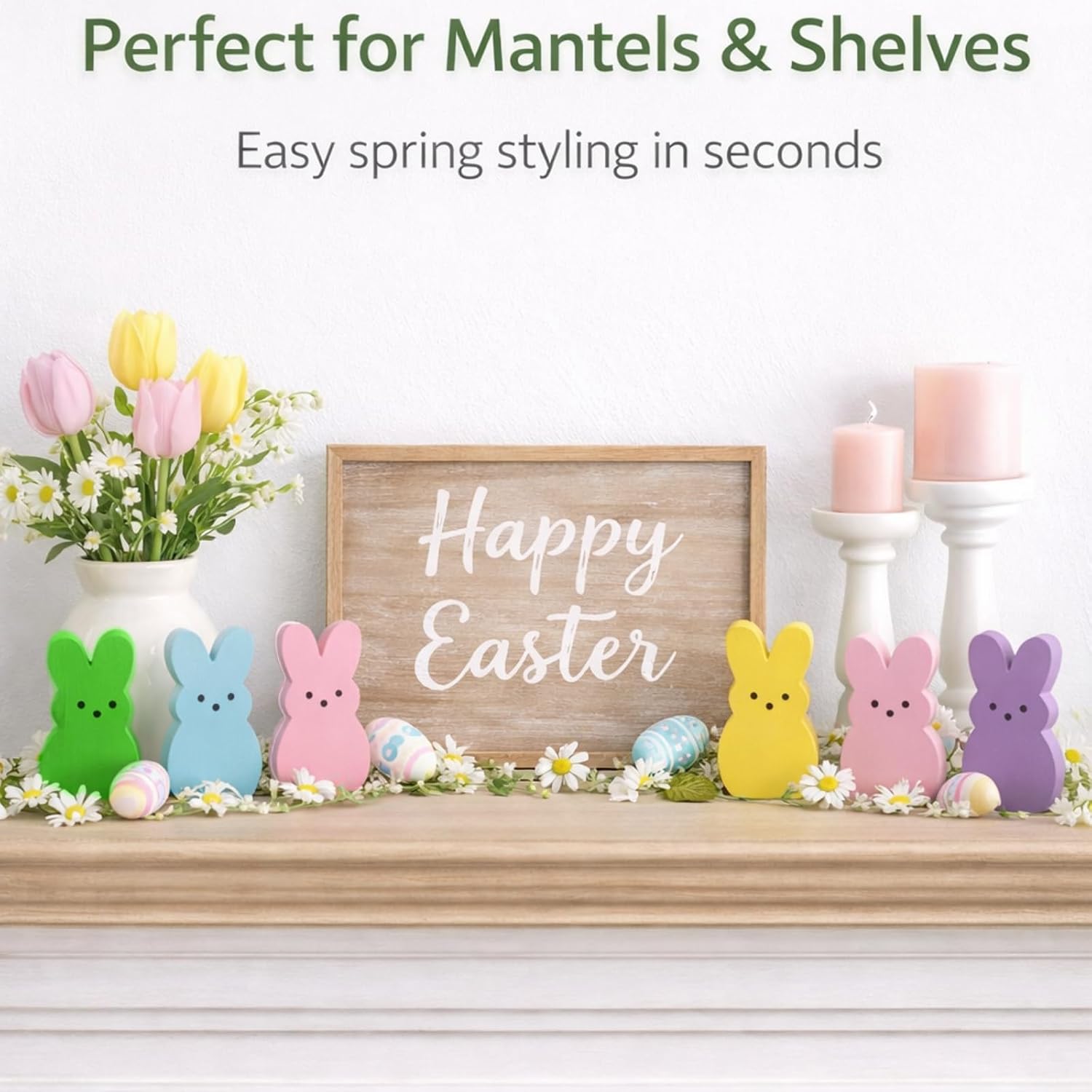 Wooden Easter Decor - 30 Pcs Mini Bunny Set | Freestanding Tiered Tray & Basket Fillers