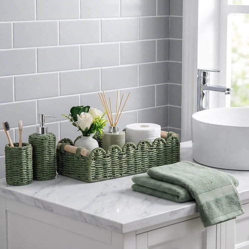 CubesLand Toilet Paper Storage Basket - Scalloped Edge Green Decor | Cozy Home Organization with 2 Wooden Handles