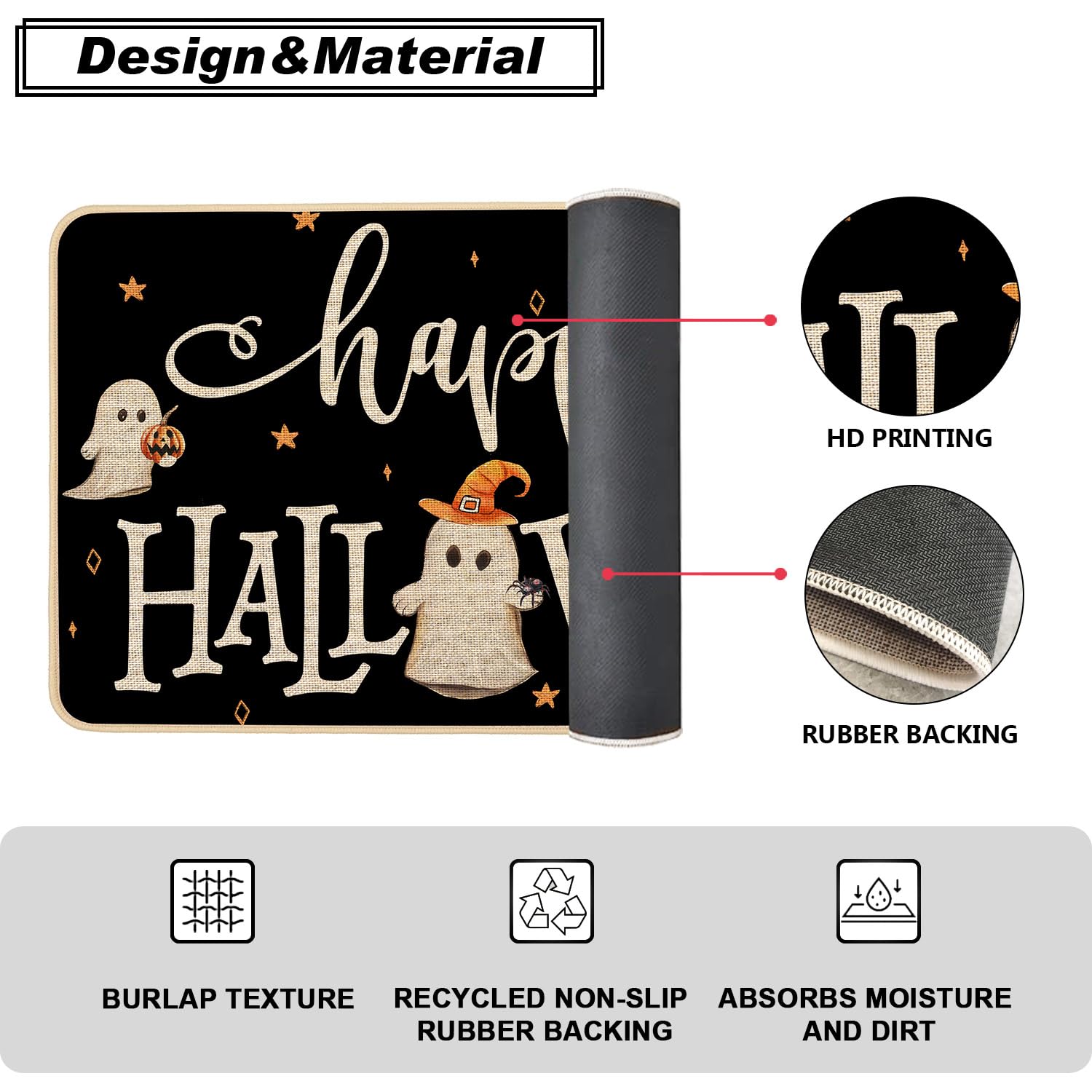 Baccessor Halloween Ghost Kitchen Mats Set of 2, Spooky Pumpkins Ghost Black Kitchen Mat Rug Low-Profile Non Slip Absorbent Kitchen Floor Mats for Fall Home Party Decor 17x29 and 17x47 Inch