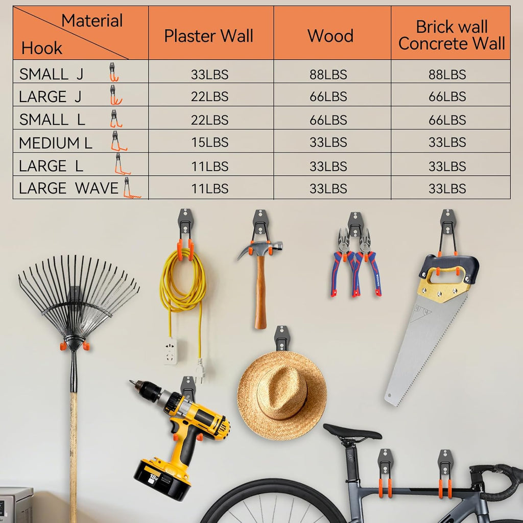 Skiennix Heavy Duty Garage Hooks - 14 Pack Utility Steel Wall Mount Tool Organizer for Bikes, Ladders & Garden Tools