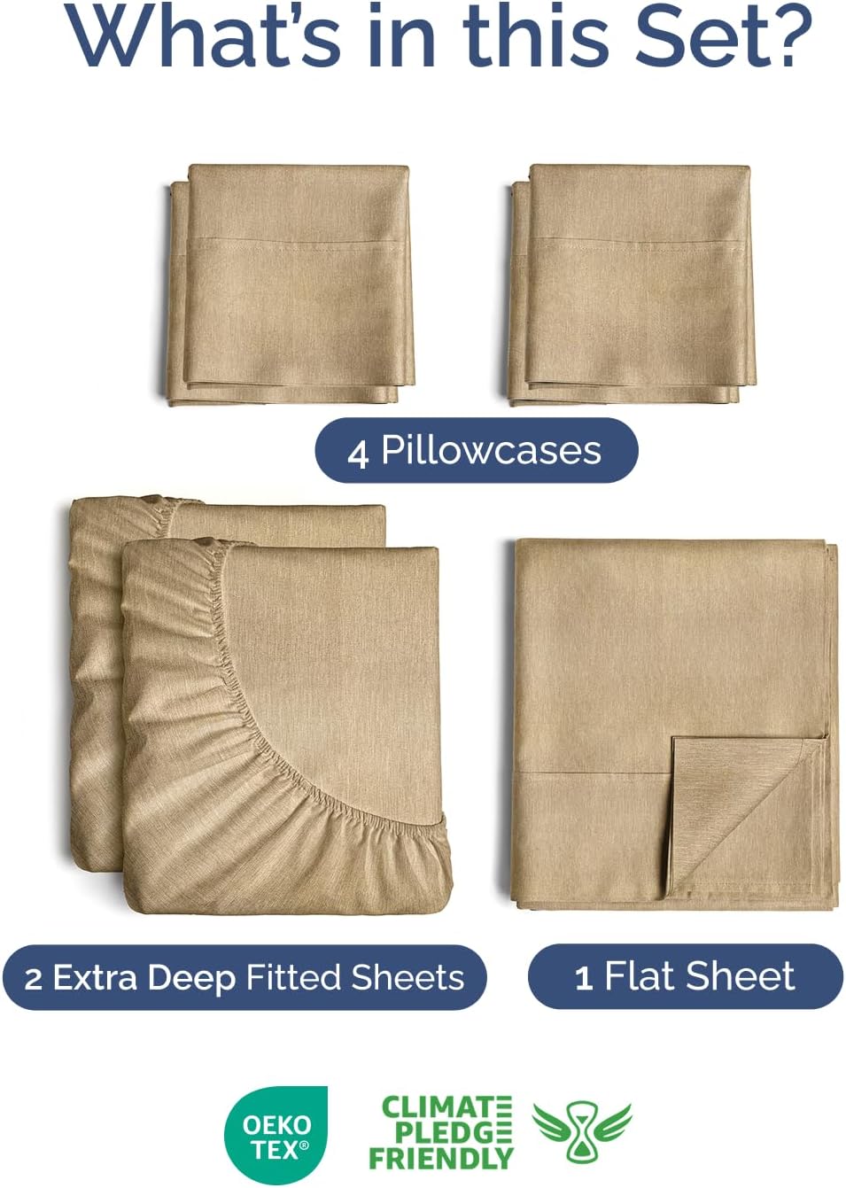 Skiennix Extra Deep Split King Sheet Set - 7 Piece Cooling Bedding - Soft, Wrinkle-Free, Easy Fit - Heathered Tan