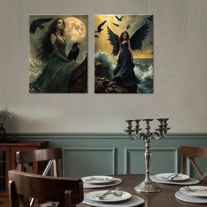 ouiytws Mystic Gothical Wall Art - Dark Fantasy Raven Witch and Black Winged Angel Artwork, Ocean and Moon Theme Canvas Print, Gothic Decor for Bedroom and Living Room, 2 Panels (16"x24" Each)