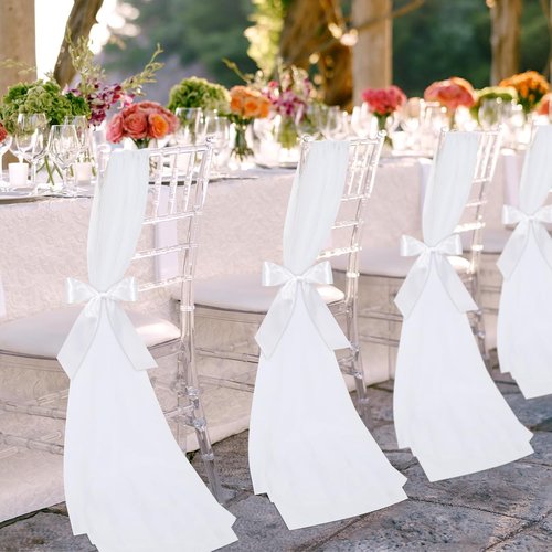 HunnmingRe 24 Sets Wedding Aisle Chair Decor - White Chair Sashes with Ribbons & Tulle for Ceremonies