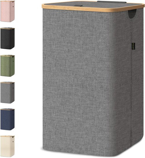 BALEINE Laundry Hamper - Tall 26 Gal Bin with Lid & Bamboo Pull Handles | Grey Color