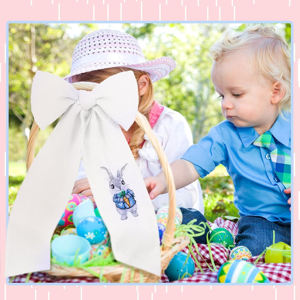 Wavwavw Seersucker Easter Basket - Embroidered Bunny Design with Large Pastel Gift Bow | White