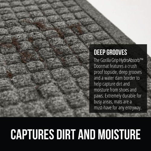 GORILLA GRIP® Ultra Absorbent Front Door Mat - Traps Dirt & Moisture, 29x17 Inches, Grey