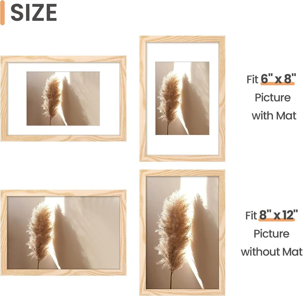 Upsimples 8x12 Picture Frame - Versatile Display for 6x8 Photos with Mat or 8x12 Without | Natural Finish