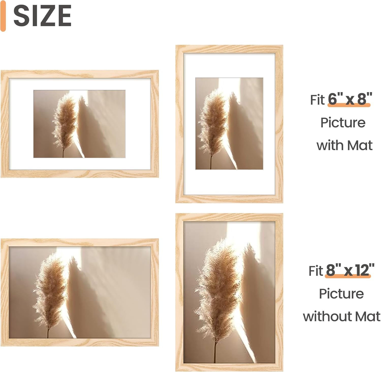 Upsimples 8x12 Picture Frame - Versatile Display for 6x8 Photos with Mat or 8x12 Without | Natural Finish