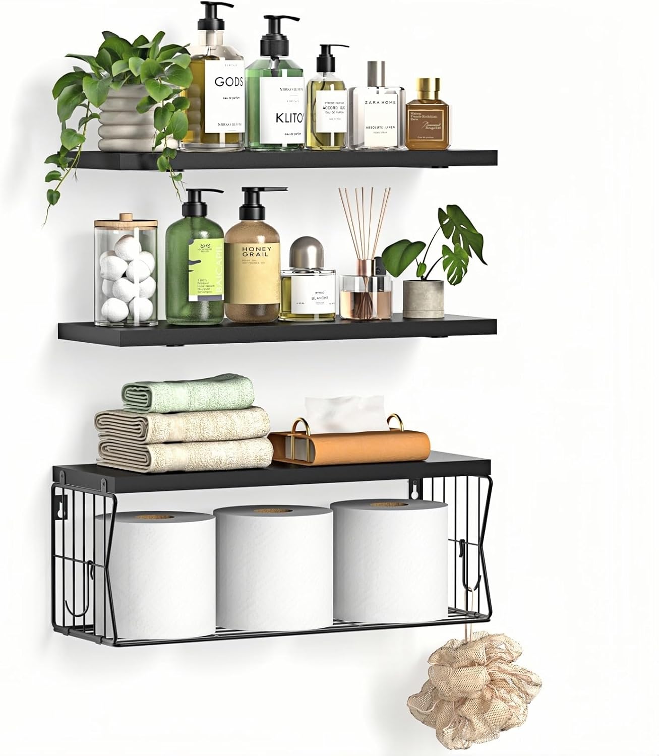 Regine Switzerland Floating Bathroom Shelves - Set of 3 Wall-Mounted Wooden Shelves for Modern Decor - Ideal Over Toilet Storage in Black