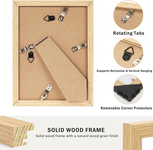 JCJMY 5x7 Solid Wood Picture Frame Set of 2 - Display 4x6 with Mat or 5x7 Without Mat, Natural Finish