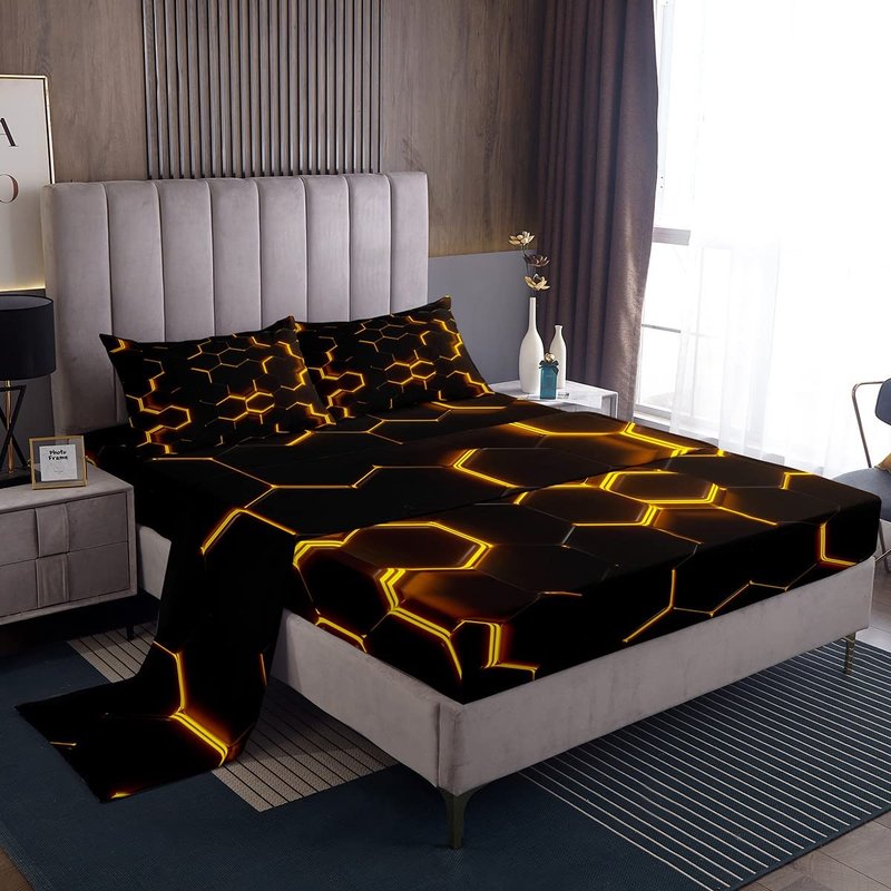 Feelyou Honeycomb Bedding Sheets Twin Size Yellow and Brown Neon Lights Bed Sheet Set Geometric Hexagon Bedding Set 3pcs for Kids Boys Girls Bedroom Decor Black Sheet Set with 1 Pillowcase