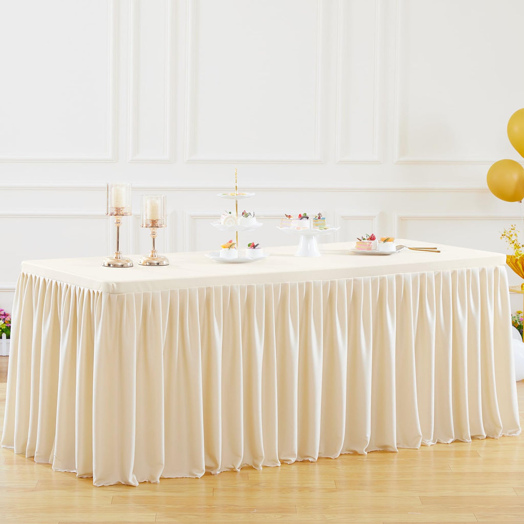 Party Talk Light Champagne Polyester Table Clothes for 4 Foot Rectangle Tables, Wrinkle Free Fitted Table Cover 4ft Stretch Tablecloths with Skirt for Parties Weddings Birthday Banquet Baby Shower