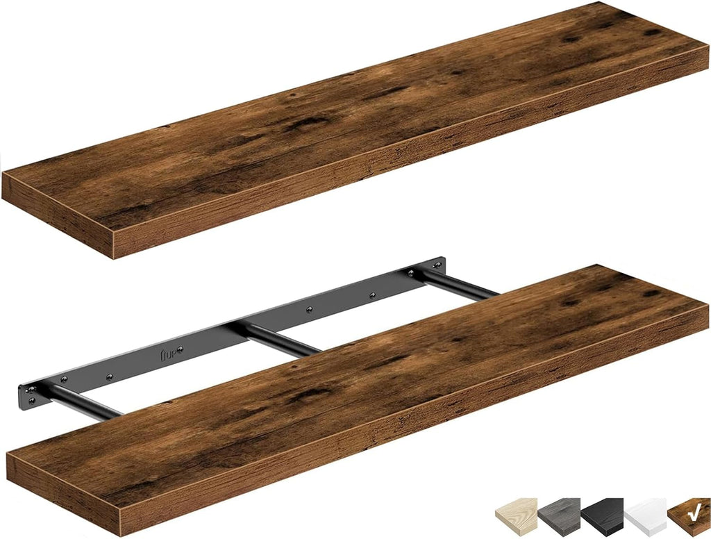 QEEIG Floating Shelves - Rustic Brown Wall Mounted Display Shelves | Set of 2, 39.4" x 9.3" for Home Decor