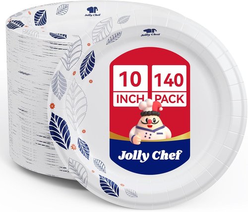 JOLLY CHEF 10-Inch Heavy Duty Paper Plates - 140 Count, Soak Proof & Cut Proof for Everyday Use